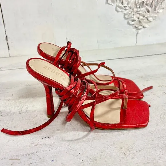 Schutz Lily Metallic Crocodile-Embossed Leather Sandal Red Women's Size 7.5 B