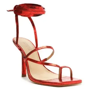 Schutz Lily Metallic Crocodile-Embossed Leather Sandal Red Women's Size 7.5 B