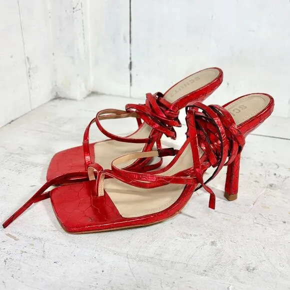 Schutz Lily Metallic Crocodile-Embossed Leather Sandal Red Women's Size 7.5 B