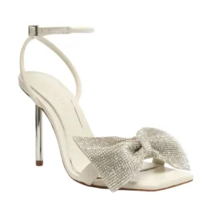 Schutz Mila Metal Bow Stiletto Heels Ivory Nappa Leather Sandal Ankle Strap 9.5