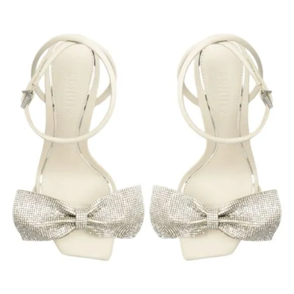 Schutz Mila Metal Bow Stiletto Heels Ivory Nappa Leather Sandal Ankle Strap 9.5