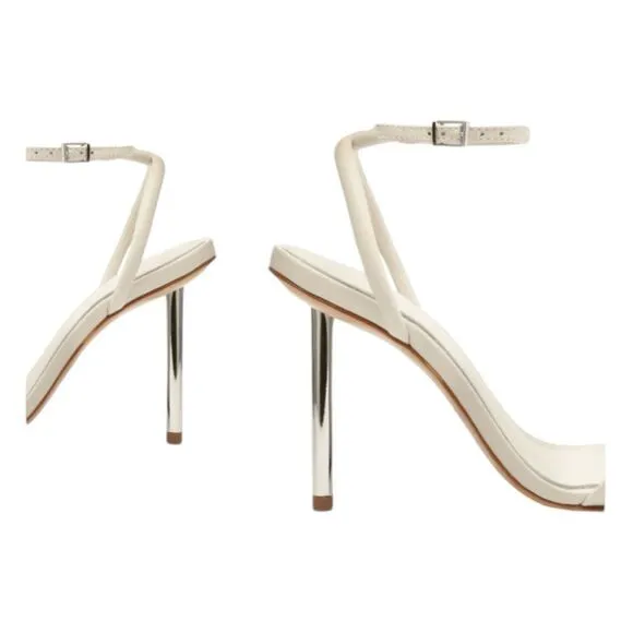 Schutz Mila Metal Bow Stiletto Heels Ivory Nappa Leather Sandal Ankle Strap 9.5