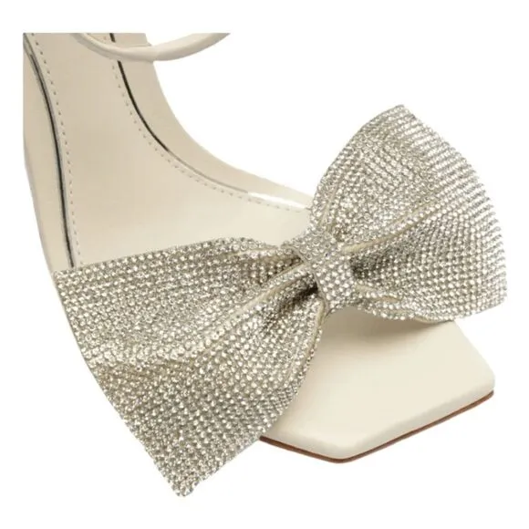 Schutz Mila Metal Bow Stiletto Heels Ivory Nappa Leather Sandal Ankle Strap 9.5