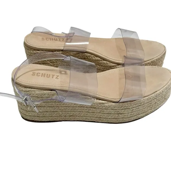 Schutz Paolete Platform Transparent Clear Buckle StrapEspadrille Sandals Size 8