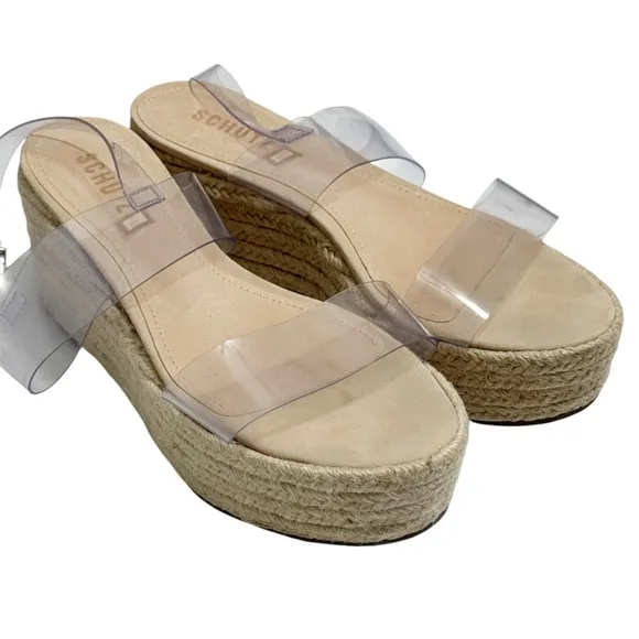 Schutz Paolete Platform Transparent Clear Buckle StrapEspadrille Sandals Size 8