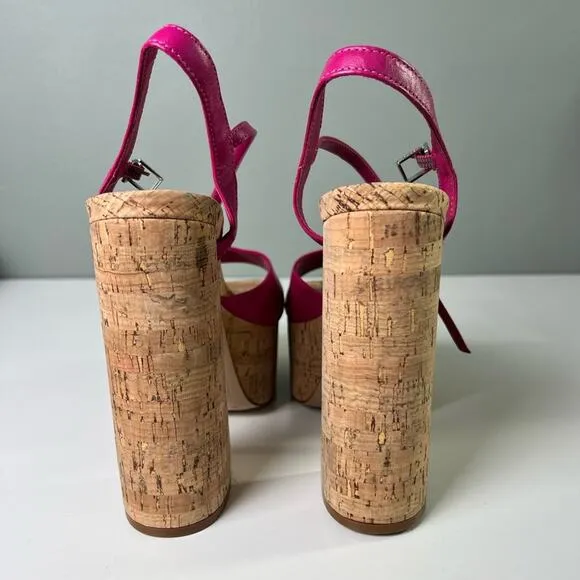 SCHUTZ Pink Leather Glayce Ankle Strap Buckle Platform Cork Sandal Heels 6.5