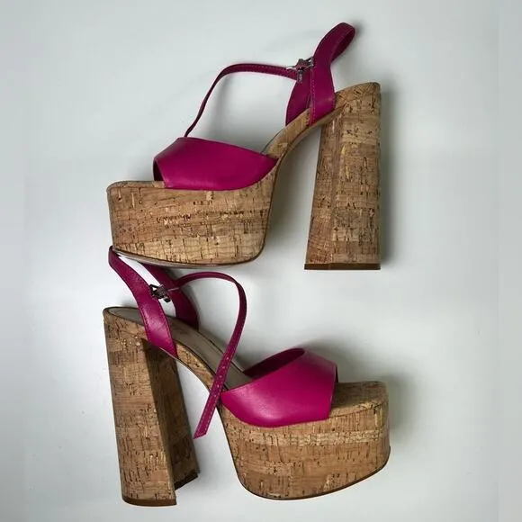 SCHUTZ Pink Leather Glayce Ankle Strap Buckle Platform Cork Sandal Heels 6.5