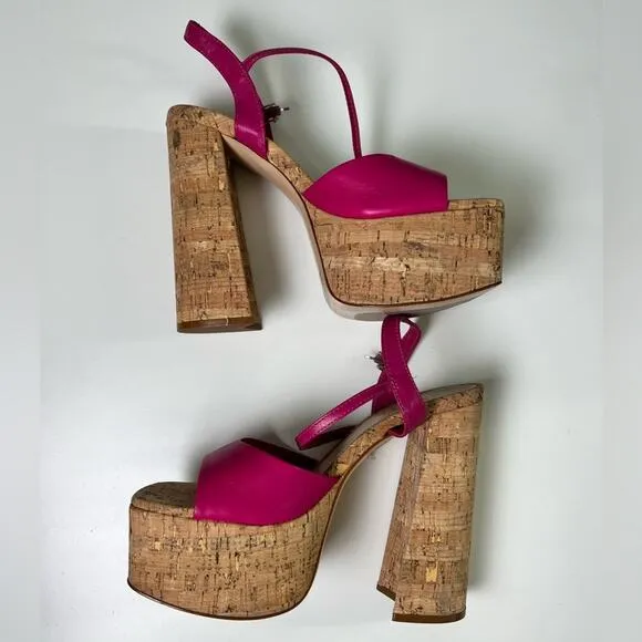 SCHUTZ Pink Leather Glayce Ankle Strap Buckle Platform Cork Sandal Heels 6.5