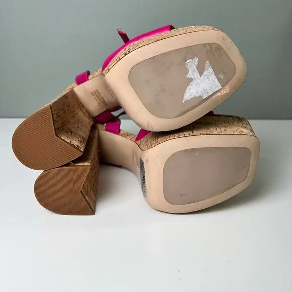 SCHUTZ Pink Leather Glayce Ankle Strap Buckle Platform Cork Sandal Heels 6.5