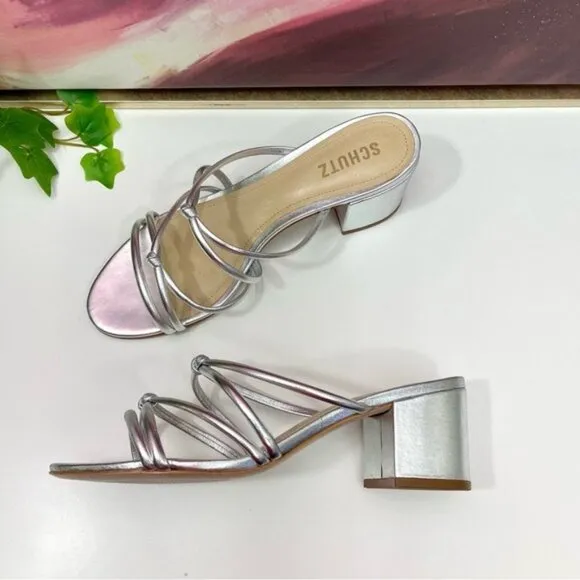 SCHUTZ Princey Leather Strappy Block Heel Sandals in Silver Metallic Size 8.5