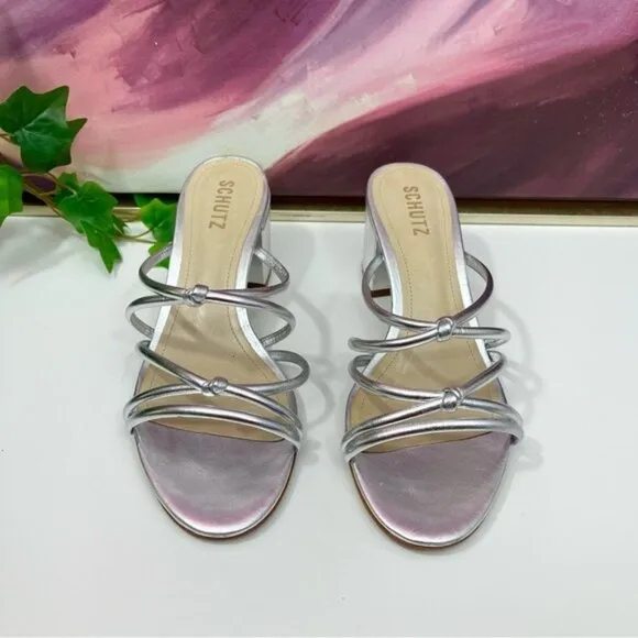 SCHUTZ Princey Leather Strappy Block Heel Sandals in Silver Metallic Size 8.5