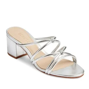 SCHUTZ Princey Leather Strappy Block Heel Sandals in Silver Metallic Size 8.5