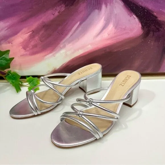 SCHUTZ Princey Leather Strappy Block Heel Sandals in Silver Metallic Size 8.5