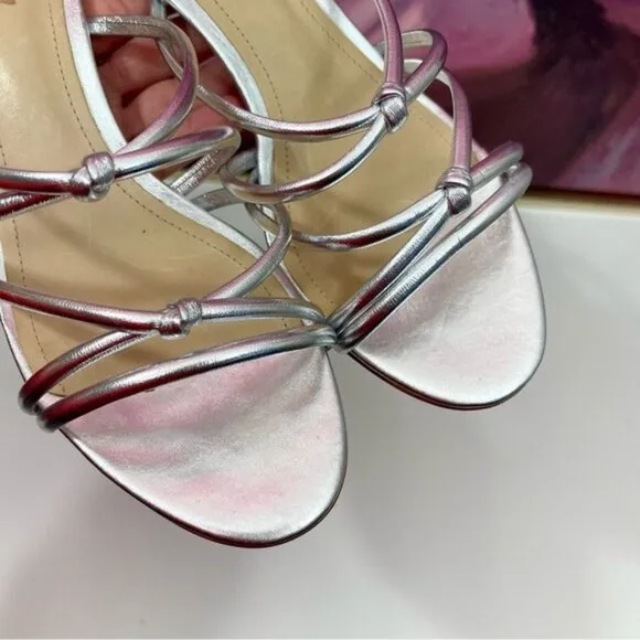 SCHUTZ Princey Leather Strappy Block Heel Sandals in Silver Metallic Size 8.5