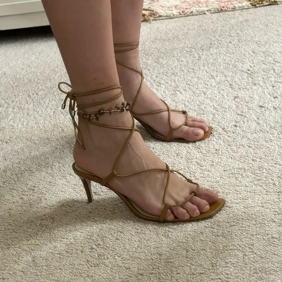 Schutz Sandals Heels 7 Leather Brazil Neutral Lace Up Tan Brown Open Square Toe
