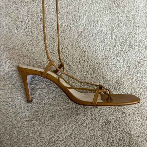 Schutz Sandals Heels 7 Leather Brazil Neutral Lace Up Tan Brown Open Square Toe