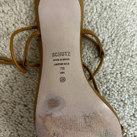 Schutz Sandals Heels 7 Leather Brazil Neutral Lace Up Tan Brown Open Square Toe