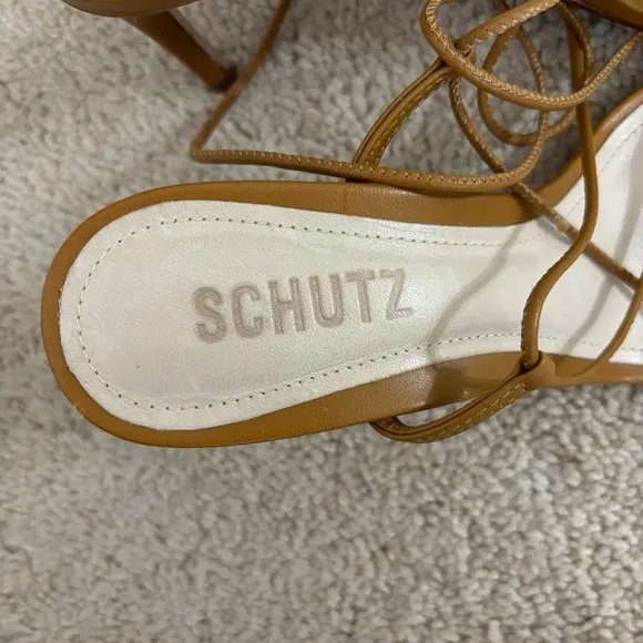 Schutz Sandals Heels 7 Leather Brazil Neutral Lace Up Tan Brown Open Square Toe