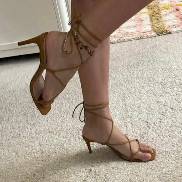 Schutz Sandals Heels 7 Leather Brazil Neutral Lace Up Tan Brown Open Square Toe
