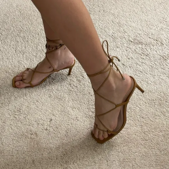 Schutz Sandals Heels 7 Leather Brazil Neutral Lace Up Tan Brown Open Square Toe