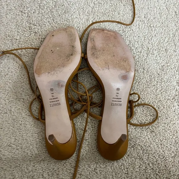 Schutz Sandals Heels 7 Leather Brazil Neutral Lace Up Tan Brown Open Square Toe
