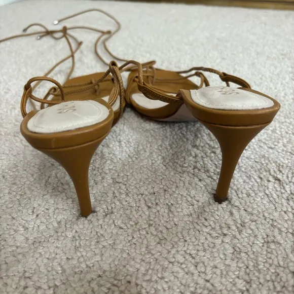 Schutz Sandals Heels 7 Leather Brazil Neutral Lace Up Tan Brown Open Square Toe