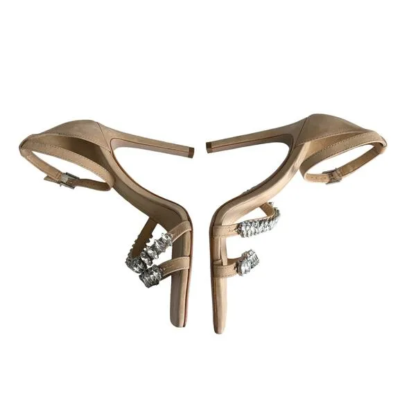 Schutz Women’s Linsey Beige Nubuck Embellished Strap Stiletto Heel Sandal Size 9