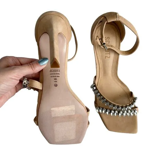 Schutz Women’s Linsey Beige Nubuck Embellished Strap Stiletto Heel Sandal Size 9