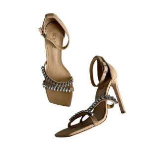 Schutz Women’s Linsey Beige Nubuck Embellished Strap Stiletto Heel Sandal Size 9