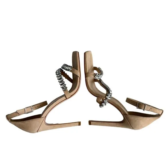 Schutz Women’s Linsey Beige Nubuck Embellished Strap Stiletto Heel Sandal Size 9