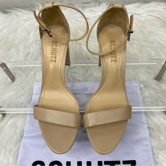 Schutz Women's Tan Leather Open Toe Block Heel Luxury Sandals US 7.5