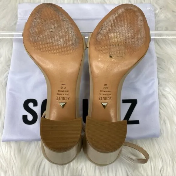 Schutz Women's Tan Leather Open Toe Block Heel Luxury Sandals US 7.5