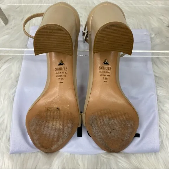 Schutz Women's Tan Leather Open Toe Block Heel Luxury Sandals US 7.5