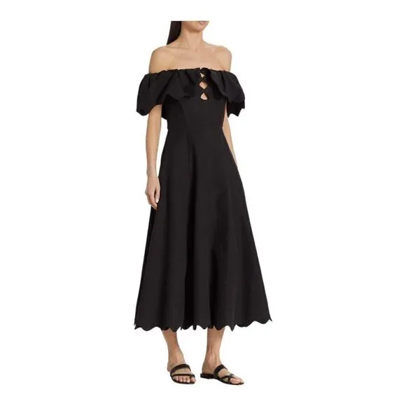 Sea black Leona Stretch Cotton Scalloped Midi Dress Size 14 NWT