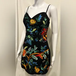 Selfie Sz M Floral Colorful Embroidery Black Boho Chic Mini Dress Festival Party