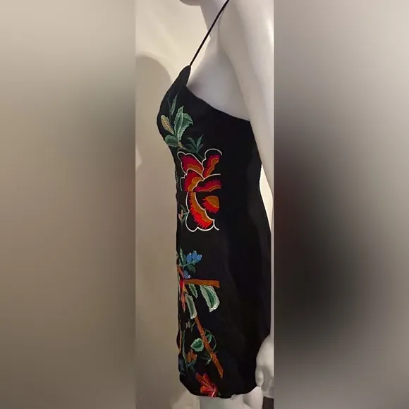 Selfie Sz M Floral Colorful Embroidery Black Boho Chic Mini Dress Festival Party