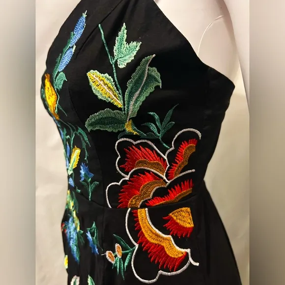 Selfie Sz M Floral Colorful Embroidery Black Boho Chic Mini Dress Festival Party