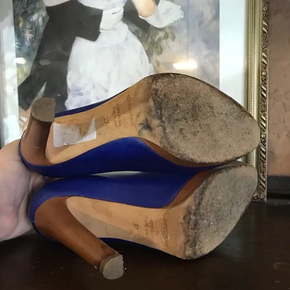 SERGIO ROSSI BLUE LEATHER CLASSIC PUMPS WITH WOODEN HEELS (37)