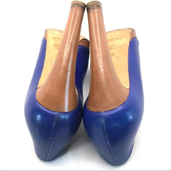 SERGIO ROSSI BLUE LEATHER CLASSIC PUMPS WITH WOODEN HEELS (37)