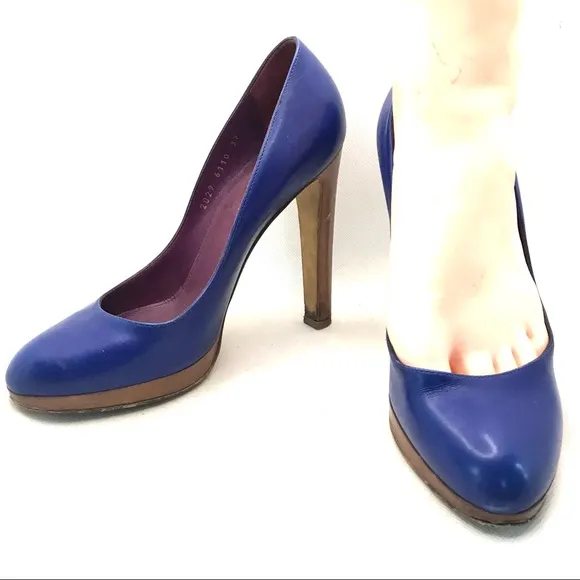 SERGIO ROSSI BLUE LEATHER CLASSIC PUMPS WITH WOODEN HEELS (37)