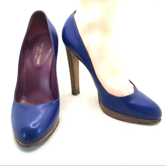 SERGIO ROSSI BLUE LEATHER CLASSIC PUMPS WITH WOODEN HEELS (37)
