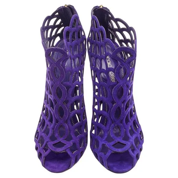 Sergio Rossi Purple Suede Scalloped Peep Toe Caged Booties Size 37
