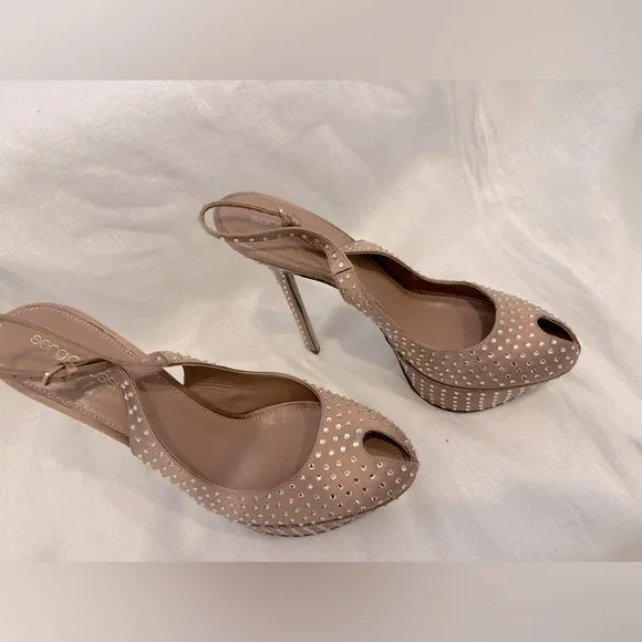 Sergio Rossi silk rhinestone studded platform peep toe heels EU 39 US Size 8.5-9