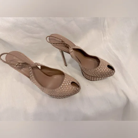 Sergio Rossi silk rhinestone studded platform peep toe heels EU 39 US Size 8.5-9