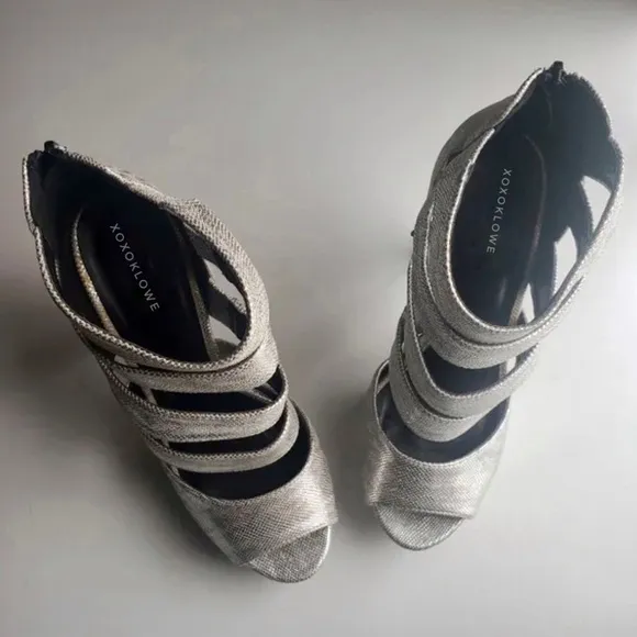 Silver Vegan Leather Strappy Platform Peep Toe Shoe