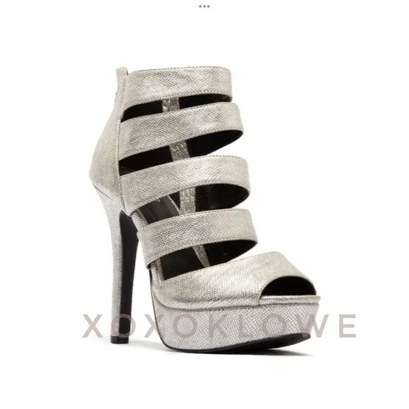 Silver Vegan Leather Strappy Platform Peep Toe Shoe