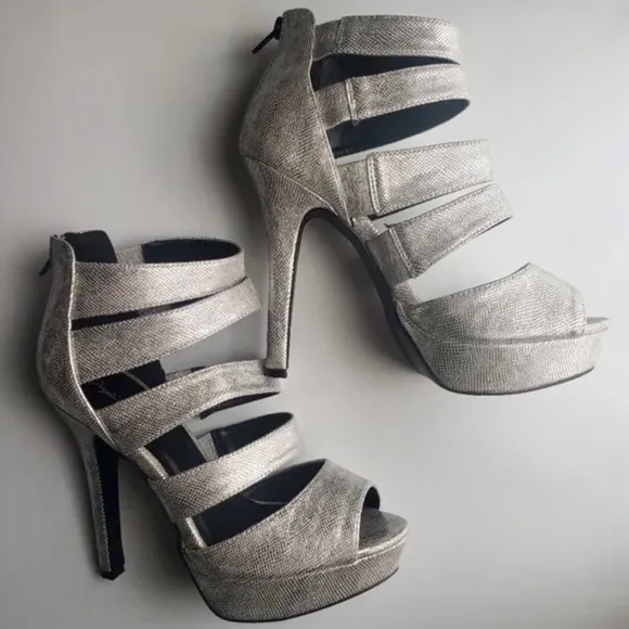 Silver Vegan Leather Strappy Platform Peep Toe Shoe