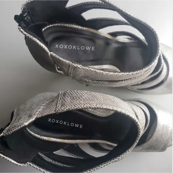 Silver Vegan Leather Strappy Platform Peep Toe Shoe