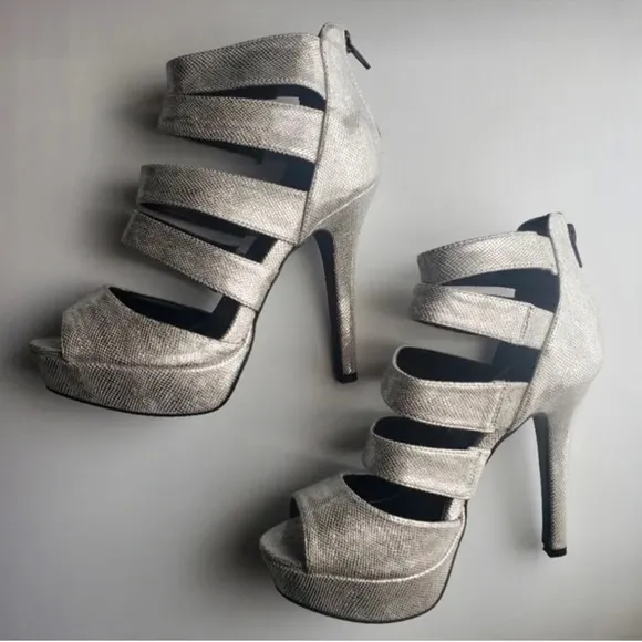 Silver Vegan Leather Strappy Platform Peep Toe Shoe