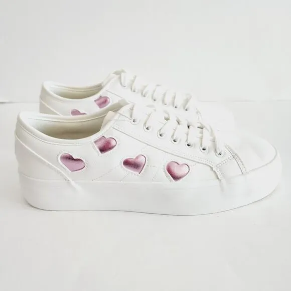 Sincerely Jules White Sneakers with Pink Metallic Hearts Faux Leather Size 9.5